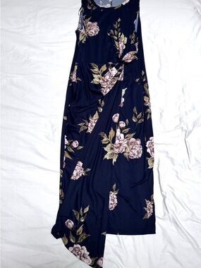 Soft Navy Floral Maxi Dress with Pink Rose Print